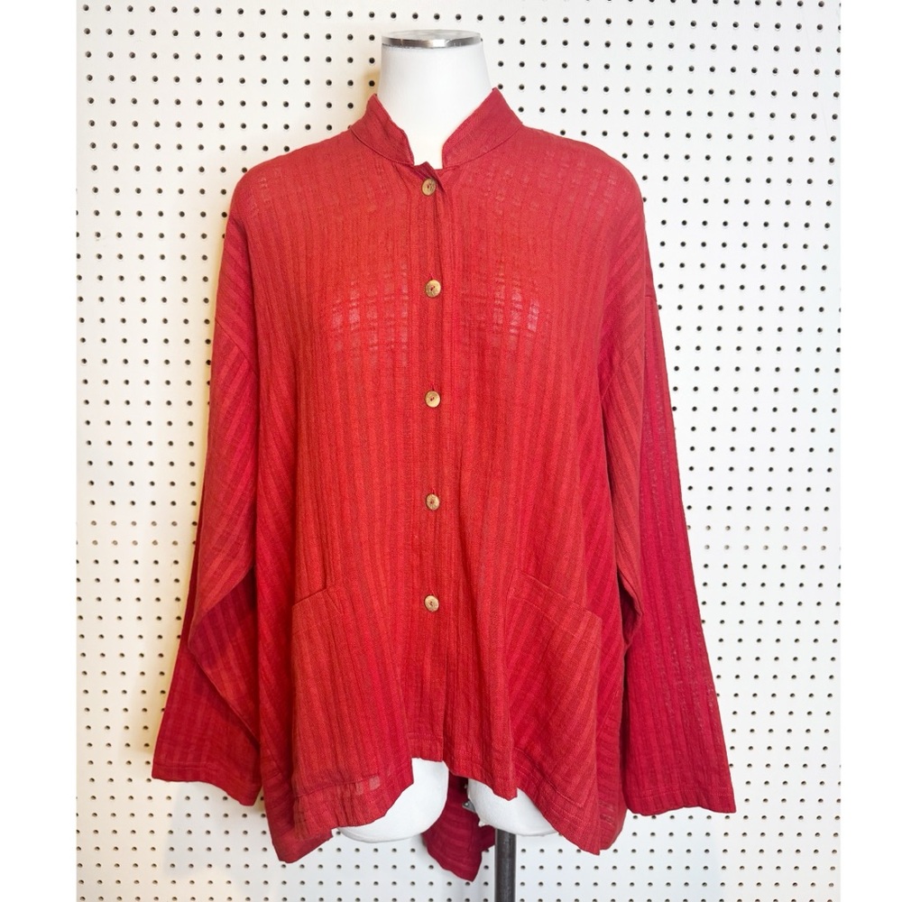 Yasuko Kurisaka | Gorgeous Red High-Low Tunic Top,‎ Long Sleeve, Button Down
